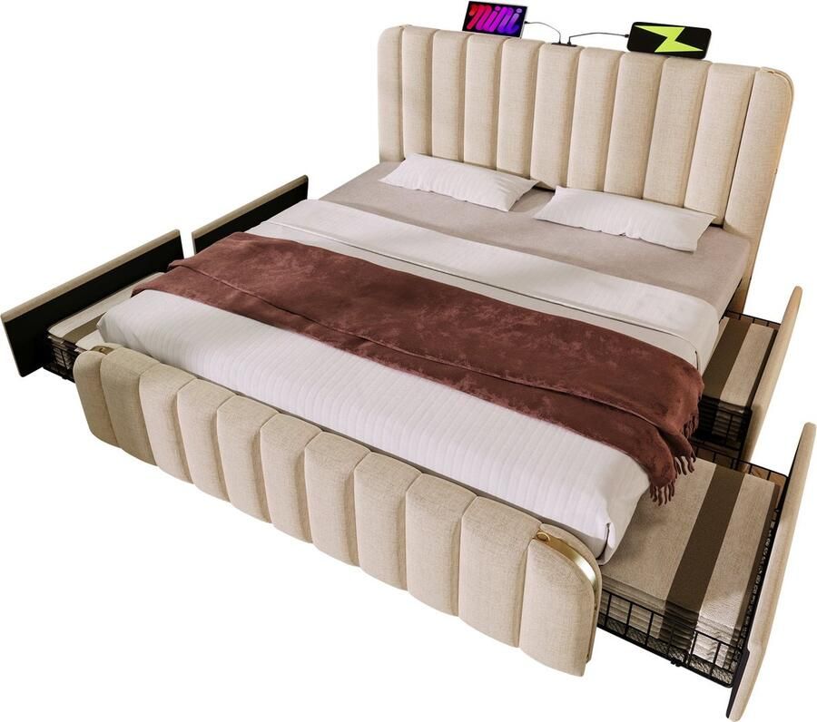 Merax Gestoffeerd Bed met 4 Schubladen USB Type-C Oplaadfunctie en Hoofdbord met Gouden Details – 180x200 cm – Beige Linnen – Belastbaarheid 226 kg (Zonder Matras)