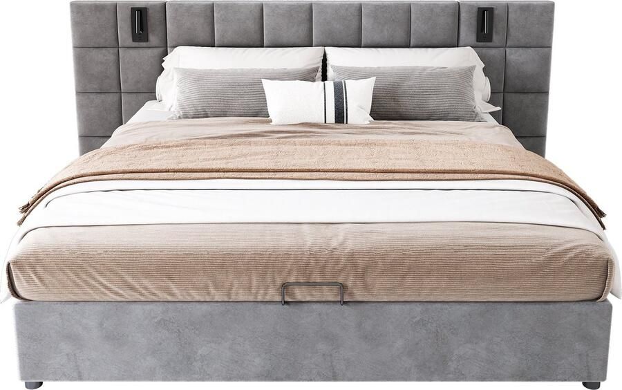 Merax Kingsize Bed met Hydraulische Opbergruimte Tweepersoonsbed met Verstelbare Leeslamp USB-oplaadpunten en Schuimgevuld Hoofdbord 180x200 cm Grijs Fluweel