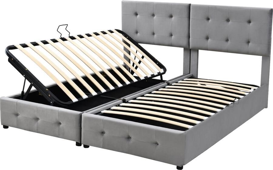 Merax Tweepersoonsbed 180x200 cm – Grijs Fluweel – Kingsize Bed met Hydraulisch Opbergsysteem en Verstelbaar Hoofdbord – 2-in-1 Deelbaar naar 2 Bedden 90x200 - Foto 2