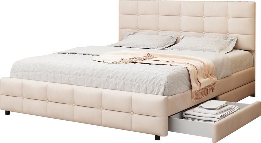 Merax Kingsize Tweepersoonsbed 180 x 200 cm Bedframe met 4 Lades en Lattenbodem Fluweel Gestoffeerd Bed Beige