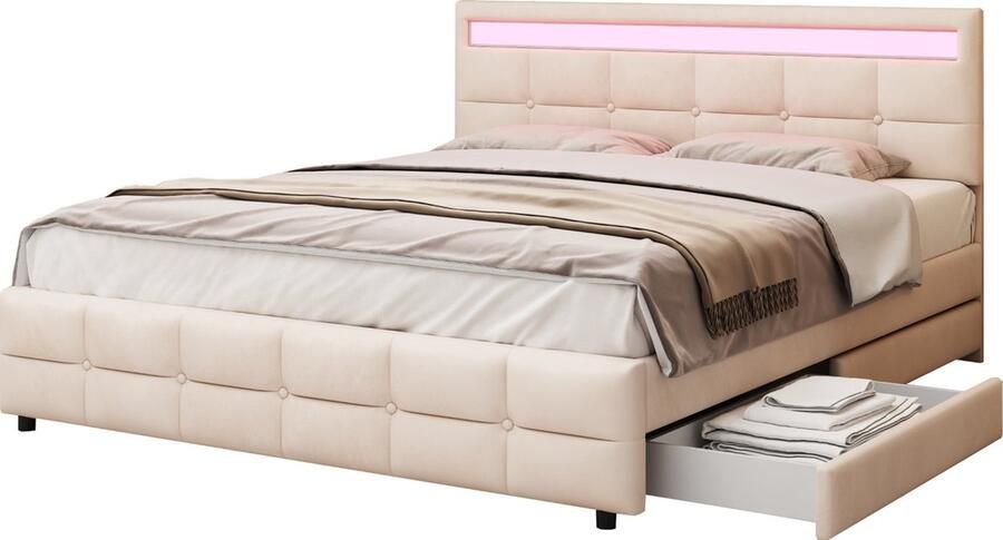 Merax Kingsize Tweepersoonsbed 180x200 cm Bedframe met LED-verlichting en 4 Laden Bed met Verstelbaar Hoofdbord Beige Fluweel