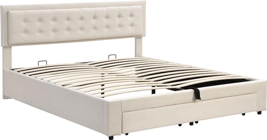 Merax Kingsize Tweepersoonsbed 180x200 cm – Fluweel Gestoffeerd Bed met Hydraulische Opbergruimte Schuiflade en Verstelbaar Hoofdbord Beige - Foto 2