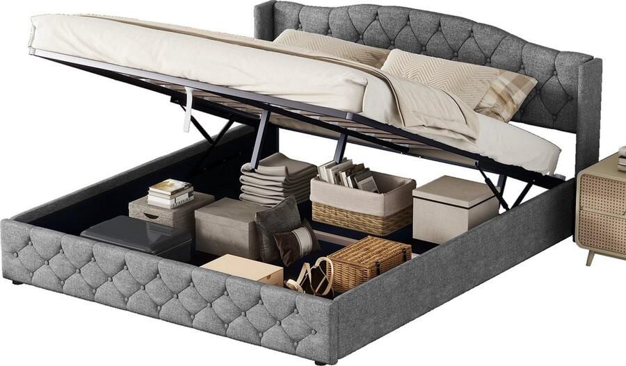 Merax Kingsize Tweepersoonsbed 180x200 cm Gestoffeerd Bed met Hydraulische Hefmechanisme voor Opbergruimte Grijs Linnen