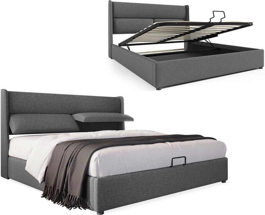 Merax Kingsize Tweepersoonsbed 180x200 cm Gestoffeerd Bed met Verstelbare Hoofdbord en Hydraulische Opbergruimte Grijs