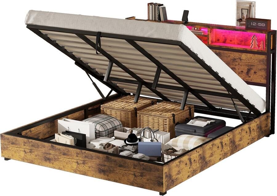 Merax Kingsize Tweepersoonsbed 180x200 cm Inclusief LED-Verlichting met Afstandsbediening Bedframe met Hydraulische Opbergruimte Bruin