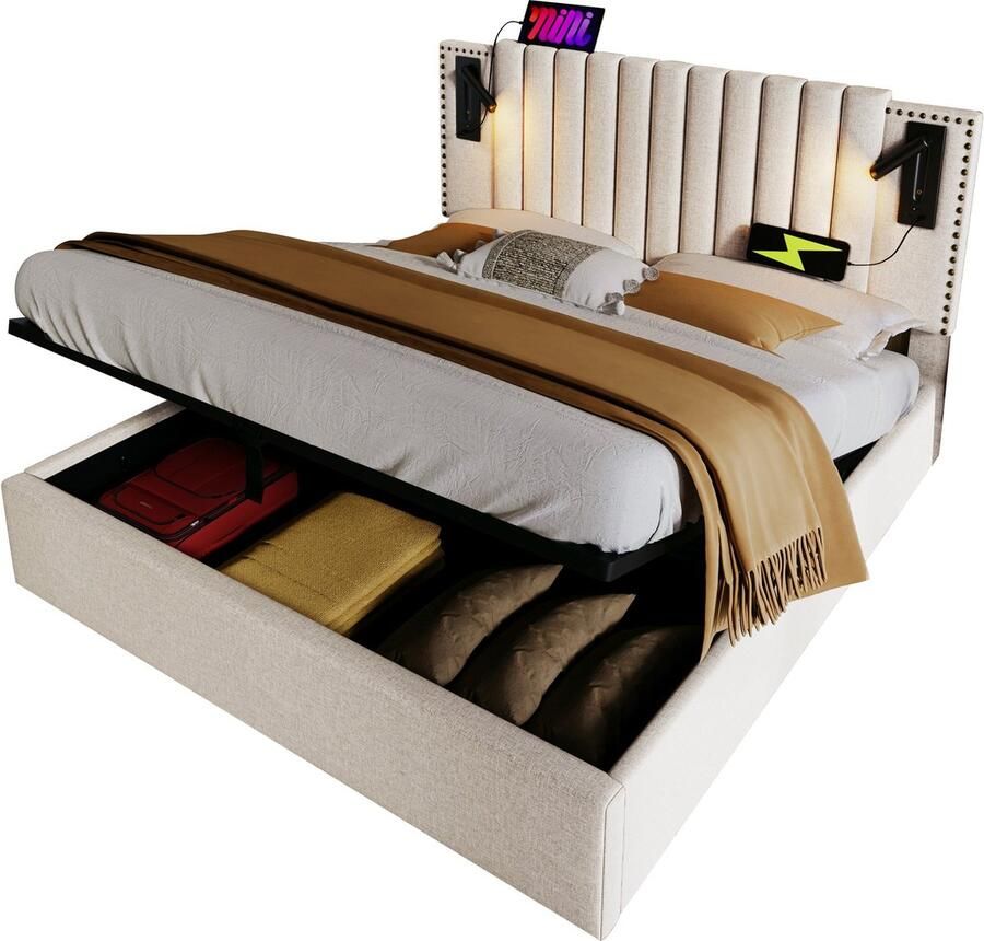 Merax Gestoffeerd Tweepersoonsbed 140x200 cm Inclusief Koudschuim Matras en Leeslamp Bedframe met Hydraulische Opbergruimte en USB-Aansluiting Beige