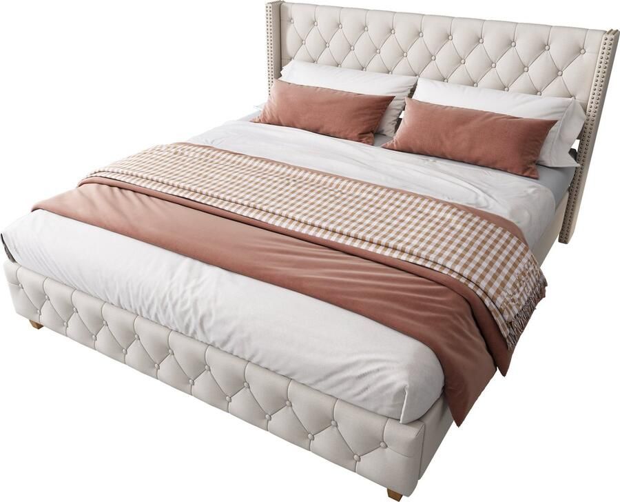 Merax Gestoffeerd Tweepersoonsbed 140x190 cm met Knopen Decoratie Luxe Bed met Hoofdbord en Houten Poten Linnen Beige