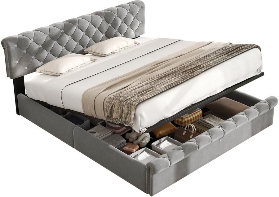 Merax Gestoffeerd Bed 180x200 cm – Fluwelen Bed met Verstelbaar Hoofdbord en Houten Lattenbodem – Bed met Opbergruimte – Grijs – Zonder Matras