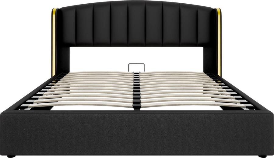 Merax Kingsize Tweepersoonsbed 180x200 cm met Hydraulische Opbergruimte Luxe Kunstleer Gestoffeerd Bed inclusief Hoofdbord met Gouden Accenten Zwart