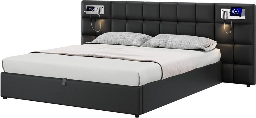 Merax Gestoffeerd Bed 180 x 200 cm – Hydraulisch Bed met USB-poort Draadloos Opladen LED-verlichting en Opbergruimte – Kunstleer – Zwart – Voor Volwassenen en Jongeren