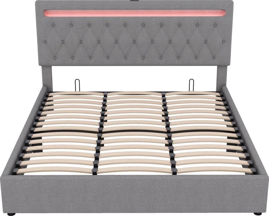 Merax Kingsize Tweepersoonsbed 180x200 cm met LED-Verlichting via Afstandsbediening en USB Aansluiting Luxe Gestoffeerd Bed met Hydraulische Opbergruimte Grijs - Foto 2