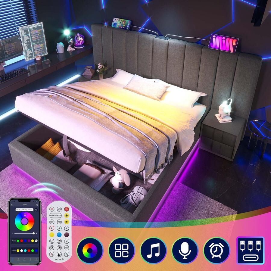 Merax Kingsize Tweepersoonsbed 180x200 cm met Opbergruimte en LED Verlichting Via Afstandsbediening Gestoffeerd Bed met USB-C Oplaadfunctie Bedframe met Houten Lattenbodem Linnen Grijs