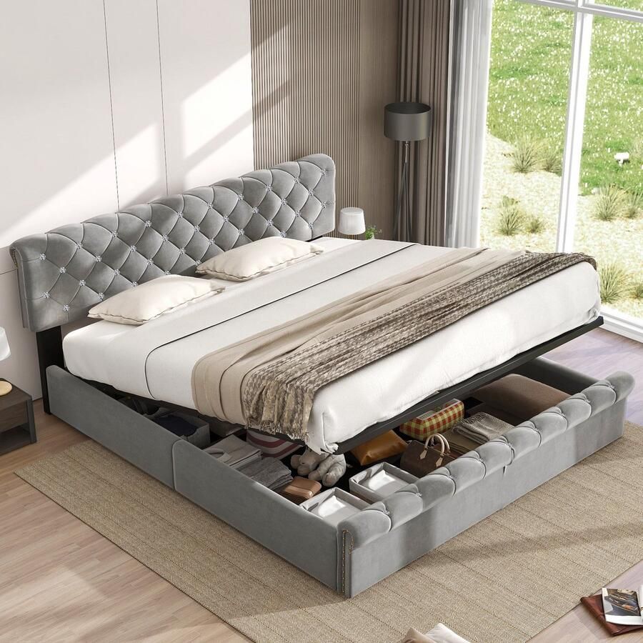 Merax Gestoffeerd Bed 180x200 cm – Fluwelen Bed met Verstelbaar Hoofdbord en Houten Lattenbodem – Bed met Opbergruimte – Grijs – Zonder Matras - Foto 2