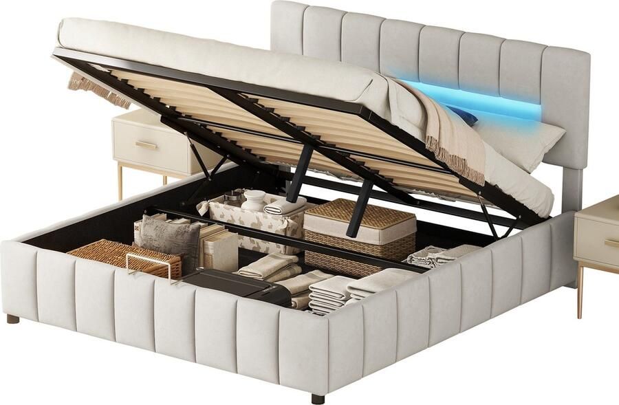 Merax Kingsize Tweepersoonsbed 180x200 cm Velvet Gestoffeerd Bed met LED-Verlichting Modern Bedframe met Opbergruimte Grijs