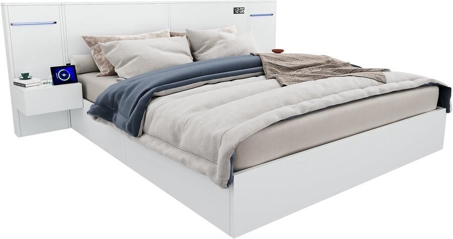 Merax Kingsize Tweepersoonsbed 180x200 met LED en USB-C Bed met Bluetooth en 2 Nachtkastjes – Digitale Klok Wit