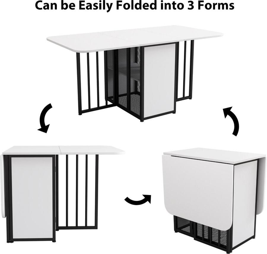 Merax Inklapbare Eettafel – Uitklapbare Tafel met Opbergruimte – 3 Vormen – Keukentafel of Bureau – Modern Design – Wit met Zwart – 160x75 cm - Foto 2