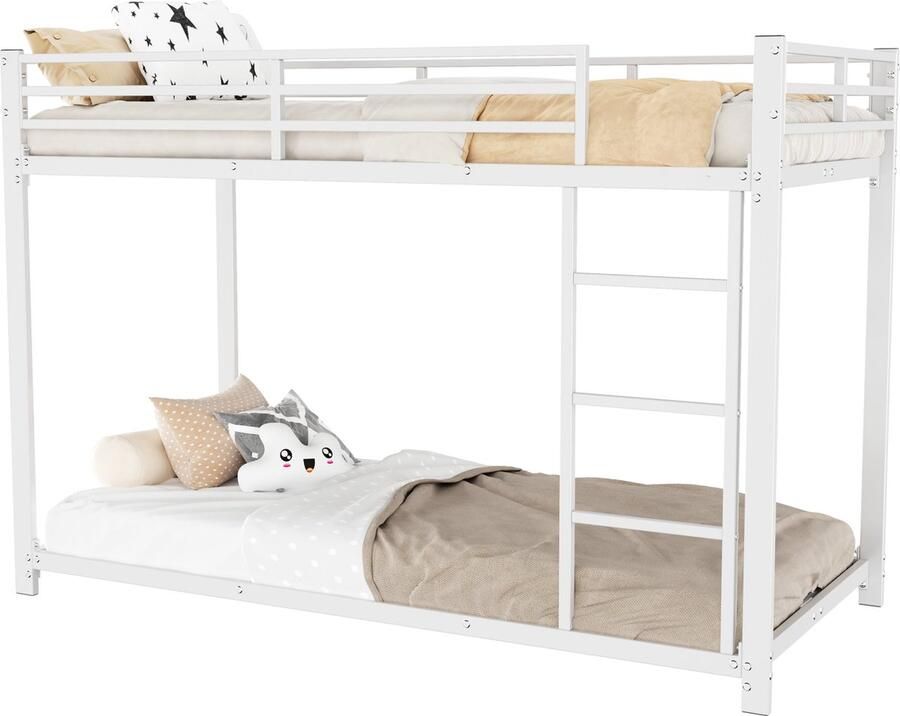 Merax Klassiek Metalen Stapelbed Bed Hoogslaper Eenpersoonsbed 90x200 cm Wit