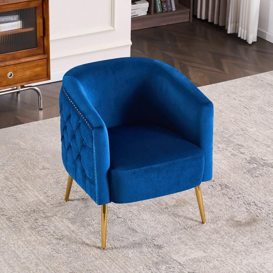 Merax Klassieke Blauwe Fauteuil Comfortabele Leunstoel met Metalen Poten voor Woonkamer en Slaapkamer