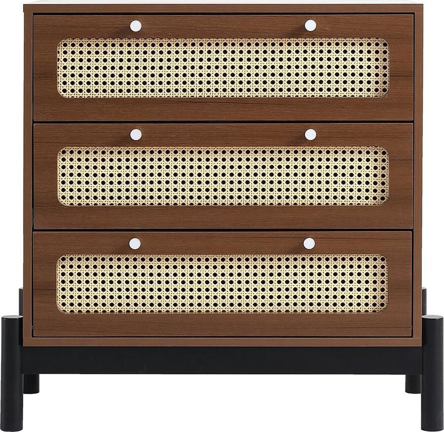 Merax Klassieke Dressoir 3-Ladenkast met Rattan Ladefronten Zilverkleurige Ronde Handgrepen Zwart Onderstel Hout MDF en PVC-Rattan – Ideale Opbergruimte voor Woonkamer en Slaapkamer