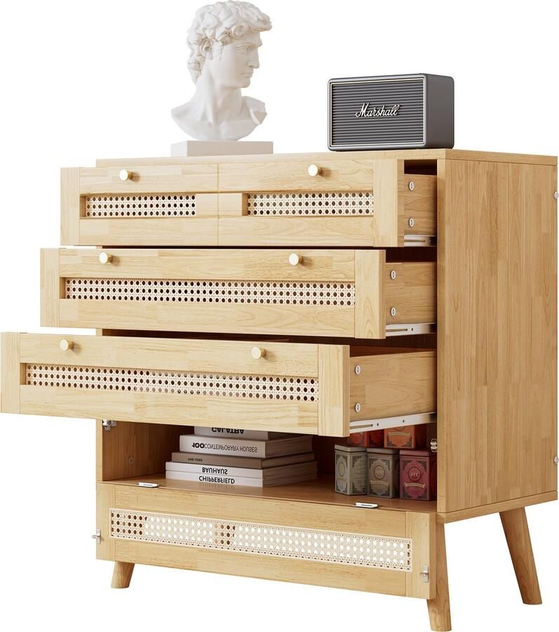 Merax Klassieke Kommode met 3 Lades – Rattan Deurlades Flip-Top Deksel Gouden Metallengrepen en Houten Poten – Opbergkast voor Woonkamer en Slaapkamer