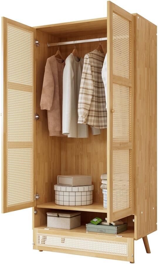 Merax 2-Deurs Kleerkast met Rattan Deuren en Hangstang – Opbergkast Slaapkamer – Natuurlijke Look – Flip-Top Onderopslag – 90x45x183 cm – Spaanplaat & PE-Rattan