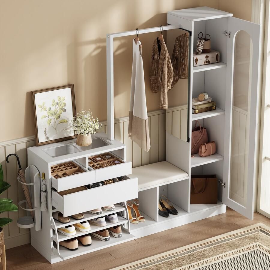 Merax Kleedkamer set kaptafel met kledinghangers schoenenbank en inklapbare schoenenkast glazen vitrinekast met LED-verlichting