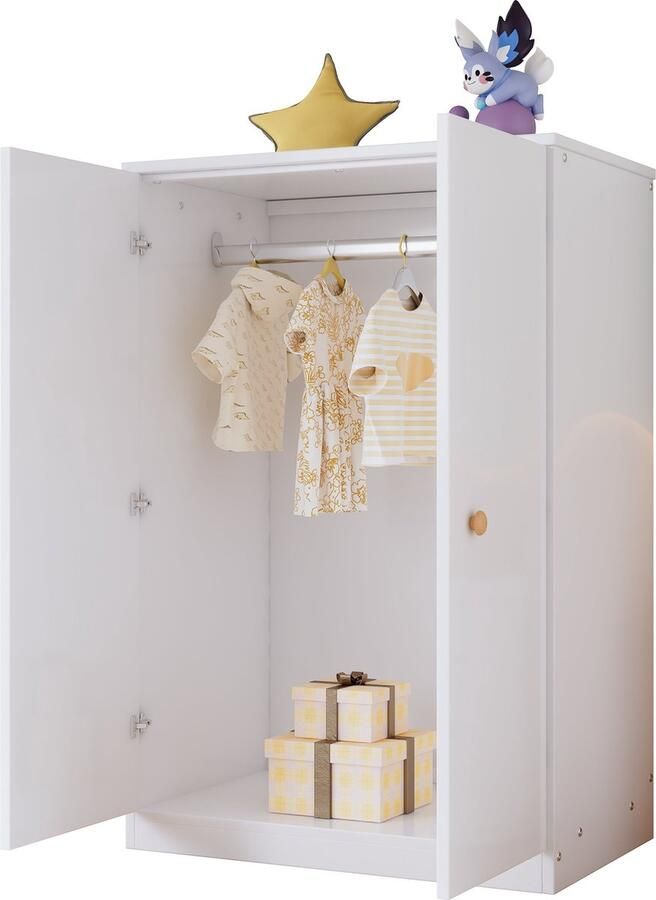 Merax Kleine Kledingkast met Stang en 2 Deuren Compacte Kledingkast voor Slaapkamer Woonkamer of Kinderkamer MDF Wit