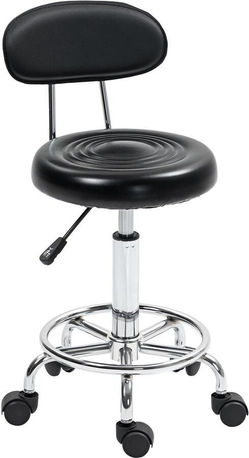 Merax Kruk op Wielen Verstelbare Draaistoel met Rugleuning Werkkruk met Wielen en Voetensteun Kunstleer Zwart met Zilver