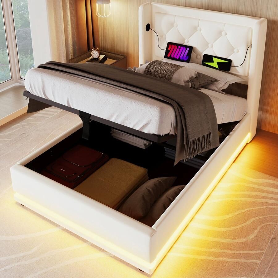 Merax Kunstleder Eenpersoonsbed 90x200 cm met USB-C en LED-Verlichting Luxe Kunstleer Gestoffeerd Bed met Hydraulische Opbergruimte en Verstelbaar Hoofdbord Wit - Foto 3