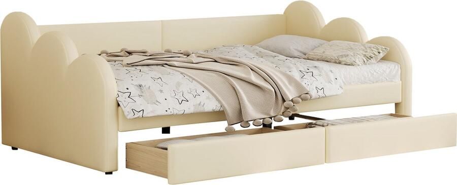 Merax Kunstleder Slaapbank 90x200 cm met Rugleuning en Armleuningen Multifunctionele Kinderbed met 2 Lades Kunstleer Gestoffeerd Sofa Bed Beige