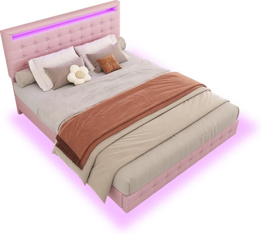 Merax Kunstleder Tweepersoonsbed 140x200 cm met LED Verlichting Luxe Zwevend Bedframe met Verstelbaar Hoofdbord Roze