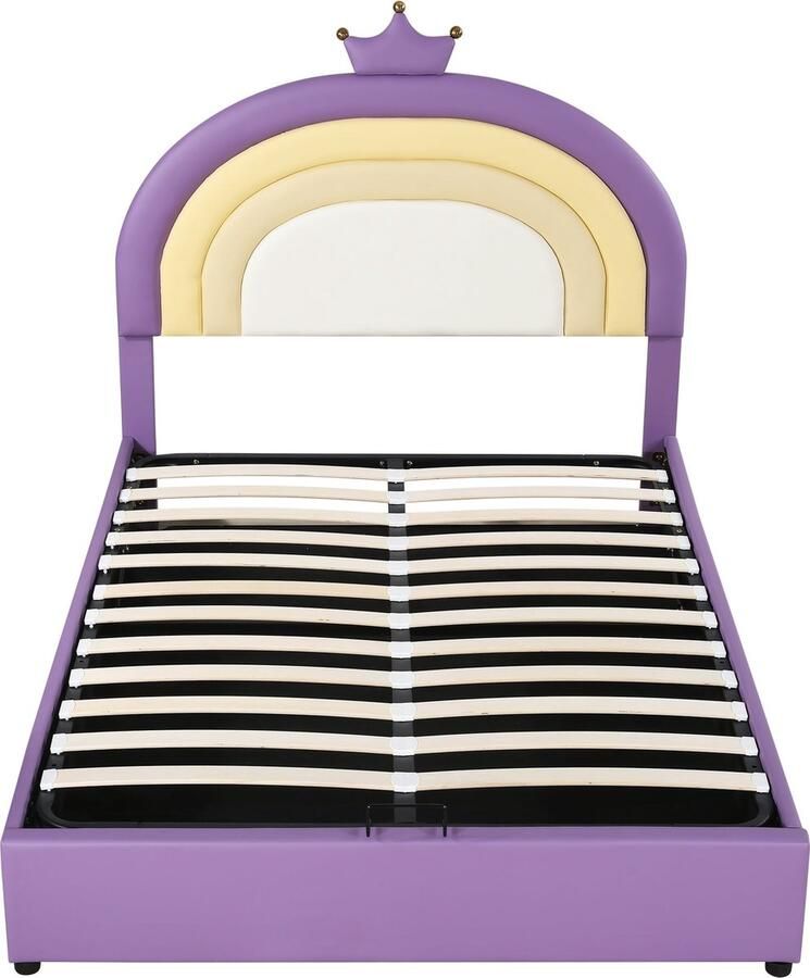 Merax Kunstleder Tweepersoonsbed 140x200 cm met Verstelbaar Hoofdbord Inclusief Kroon Decoratie Kunstleer Gestoffeerd Bed met Opbergruimte Paars