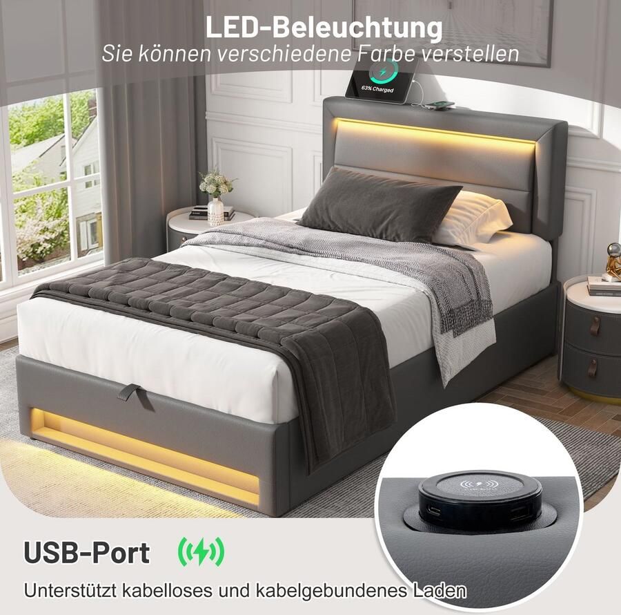 Merax Gestoffeerd Bed 90 x 200 cm met USB-aansluiting (draadloos en bedraad laden) LED-verlichting en opbergruimte inclusief lattenbodem zonder matras PU-leer grijs