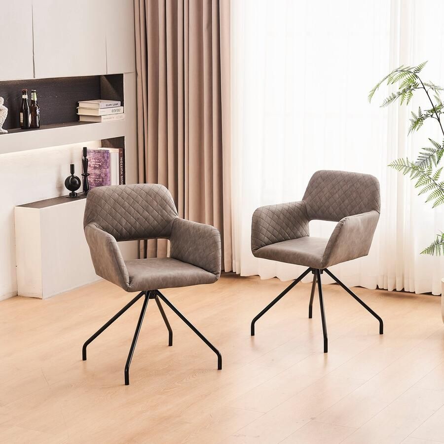 Merax Kunstleer Eetkamerstoelen Set van 2 Gestoffeerde Eetkamerstoel Stoelen met Metalen Poten Grijs met Zwart