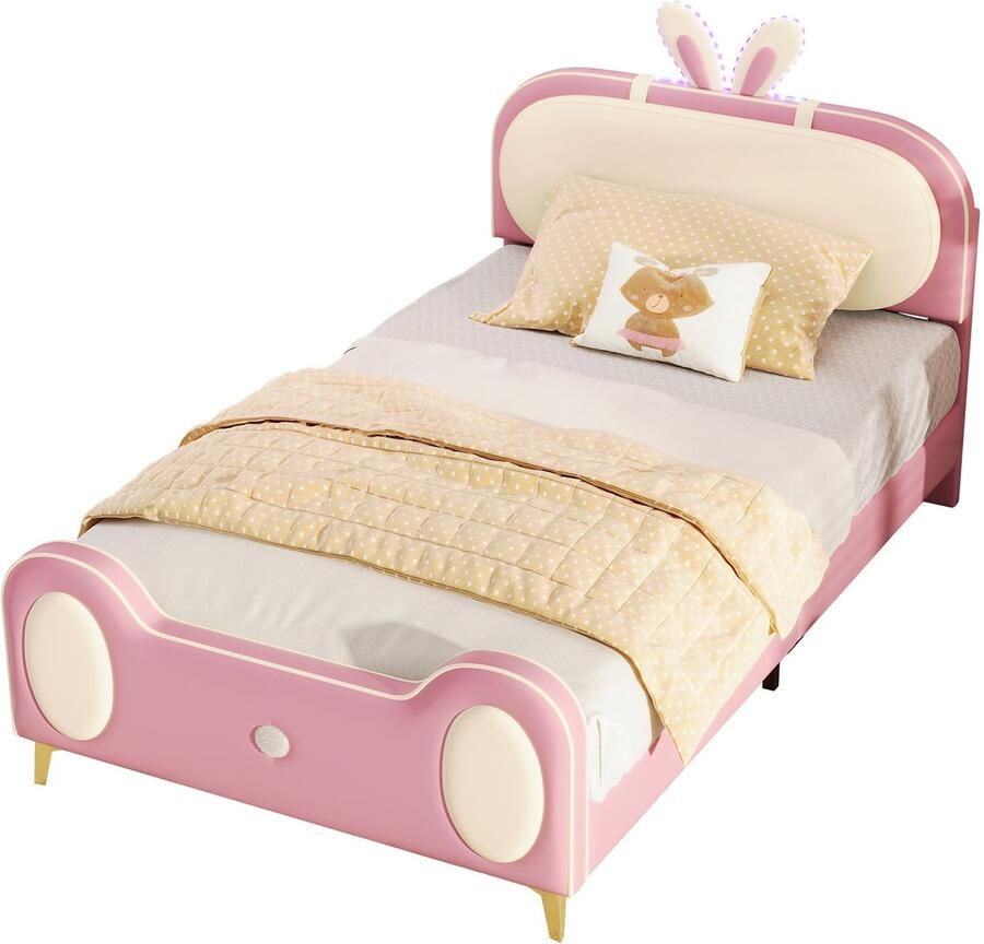 Merax Kunstleer Gestoffeerd Kinderbed 90x200 cm in Konijnen Vorm Eenpersoonsbed met LED-Verlichting Roze met Beige