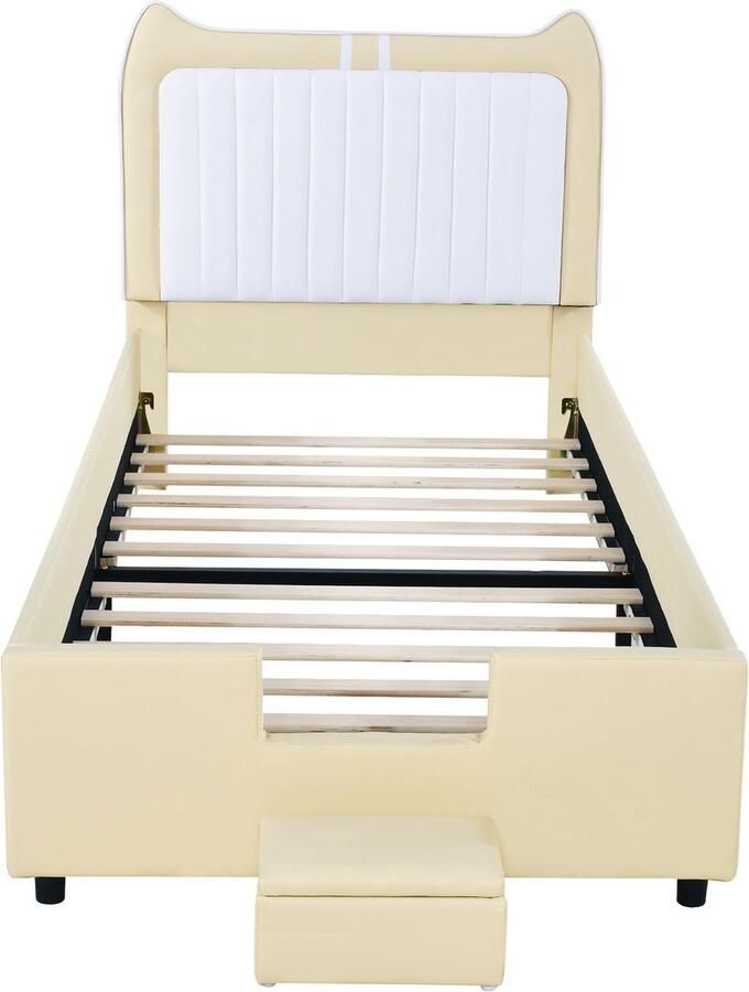 Merax Kunstleer Gestoffeerd Kinderbed met Oren Eenpersoonsbed 90x200 cm Inclusief Bed Hocker met Opbergruimte Beige