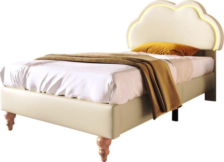 Merax Kunstleer Gestoffeerd Eenpersoonsbed 90x190 cm met LED-Verlichting Bedframe met Verstelbaar Wolkenvorm Hoofdbord Crème