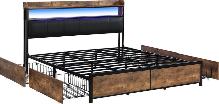 Merax Kunstleer Gestoffeerd Kingsize Tweepersoonsbed 180x200 cm Bed met Lattenbodem en 4 Lades Zwart Kunstleder met Hout Bruin - Foto 2