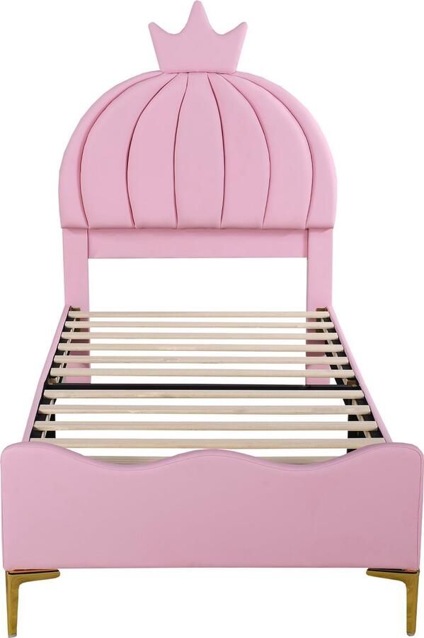 Merax Kunstleer Gestoffeerd Prinsessenbed 90x200 cm met Kroon op Hoofdbord Luxe Eenpersoonsbed in Minimalistisch Design Roze
