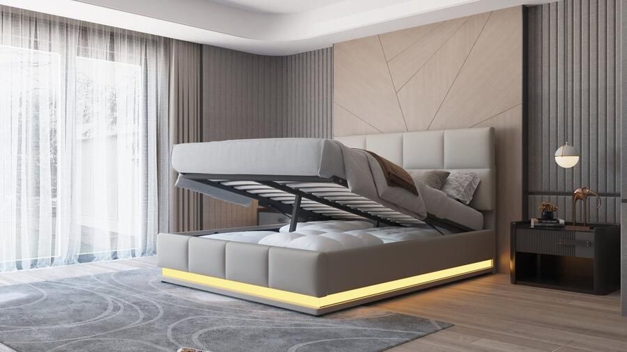 Merax Kunstleer Gestoffeerd Tweepersoonsbed 140x200 cm Bedframe met Hydraulische Opbergruimte en Verstelbaar Hoofdbord Bed met LED-Verlichting Grijs