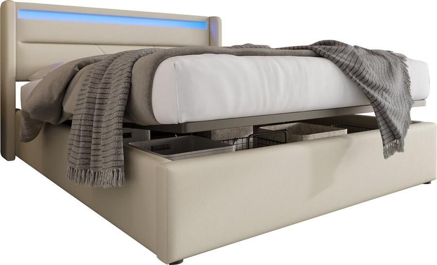 Merax Kunstleer Gestoffeerd Tweepersoonsbed 140x200 cm Inclusief Matras Bed met LED Verlichting en Hydraulische Opbergruimte Wit Kunstleder