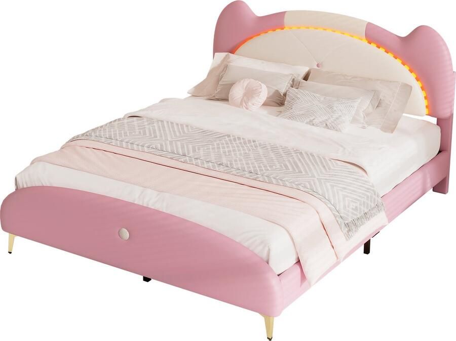 Merax Kunstleer Gestoffeerd Tweepersoonsbed 140x200 cm Kinderbed met LED-Verlichting in Hoofdbord met Oren Houten Bed Roze met Beige