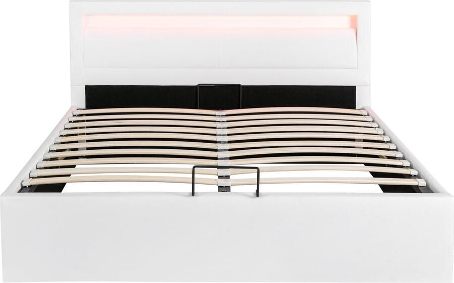 Merax Kunstleer Gestoffeerd Tweepersoonsbed 140x200 cm Luxe Bed met LED-Verlichting en Opbergruimte Wit