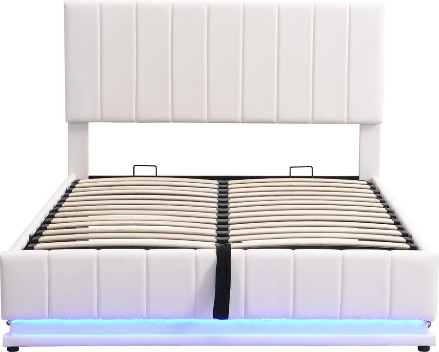 Merax Kunstleer Gestoffeerd Tweepersoonsbed 140x200 cm Luxe Bed met LED-Verlichting en Verstelbaar Hoofdbord Metalen Lattenbodem met Hydraulische Opbergruimte Wit - Foto 2
