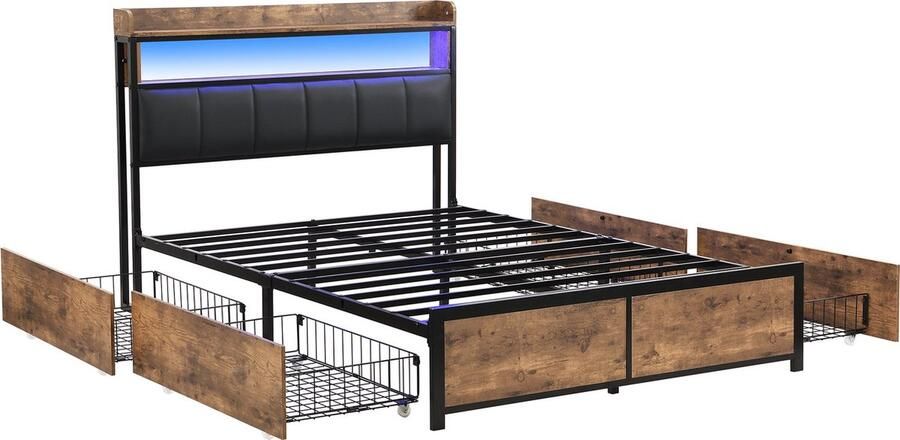 Merax Kunstleer Gestoffeerd Tweepersoonsbed 140x200 cm Vintage Bed met LED-Verlichting en Functioneel Hoofdbord Bedframe met 4 Lades Zwart met Bruin
