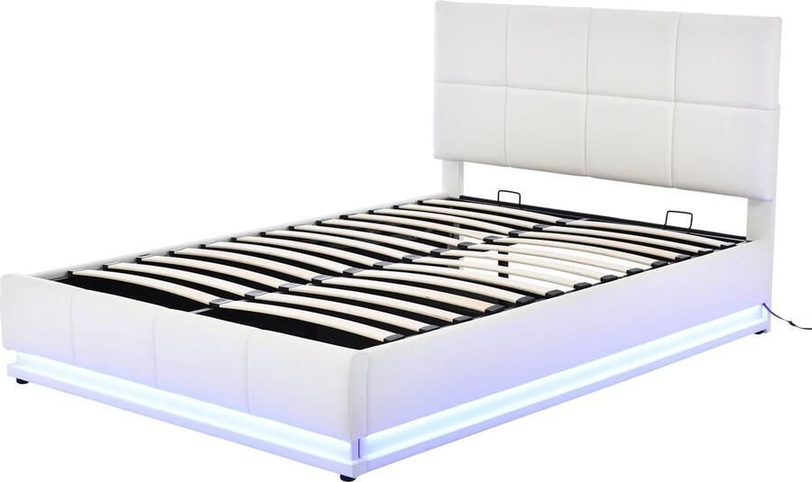 Merax Kunstleer Gestoffeerd Tweepersoonsbed 140x200cm Bed met LED Verlichting en Hydraulische Opbergruimte Wit - Foto 2