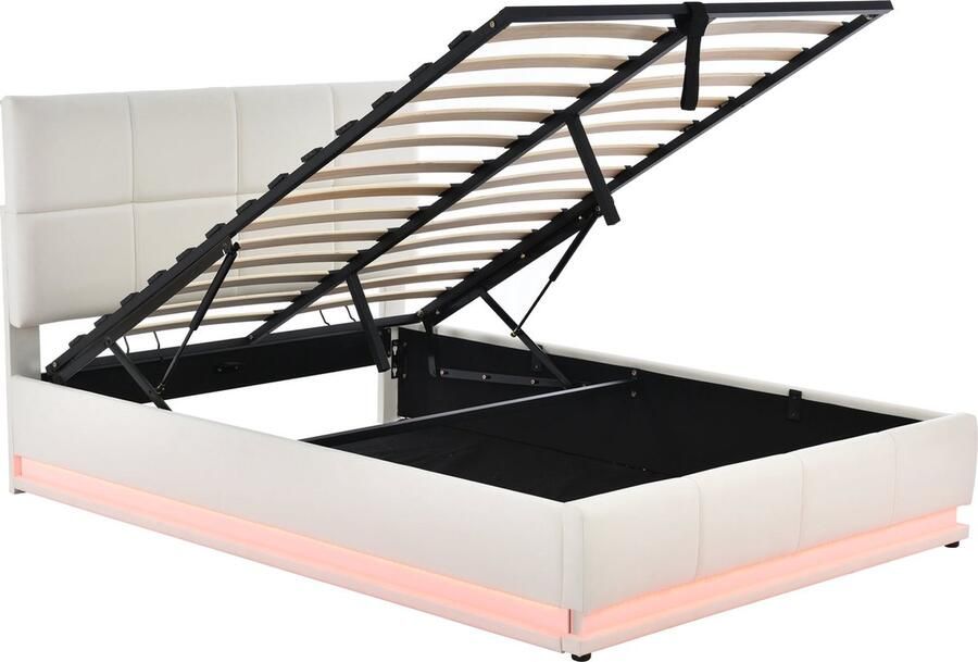 Merax Kunstleer Gestoffeerd Tweepersoonsbed 140x200cm Bed met LED Verlichting en Hydraulische Opbergruimte Wit