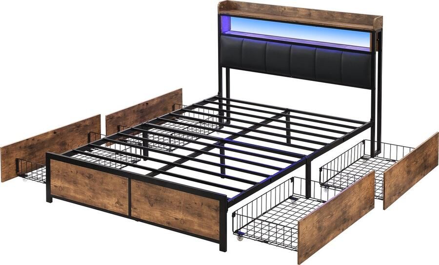 Merax Gestoffeerd Bed 160x200 cm met LED-Verlichting en 4 Opberglades Slaapbank met Stijlvol Hoofdbord en Opbergruimte Zwart - Foto 2