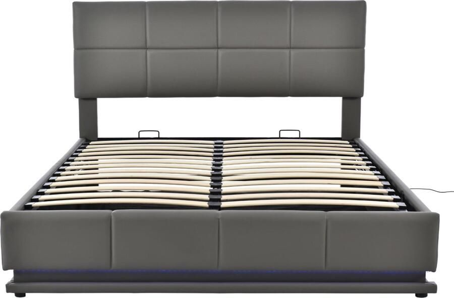 Merax Kunstleer Gestoffeerd Tweepersoonsbed 160x200 cm met LED-verlichting en Verstelbaar Hoofdbord Bed met Metalen Lattenbodem en Hydraulische Opbergruimte Grijs