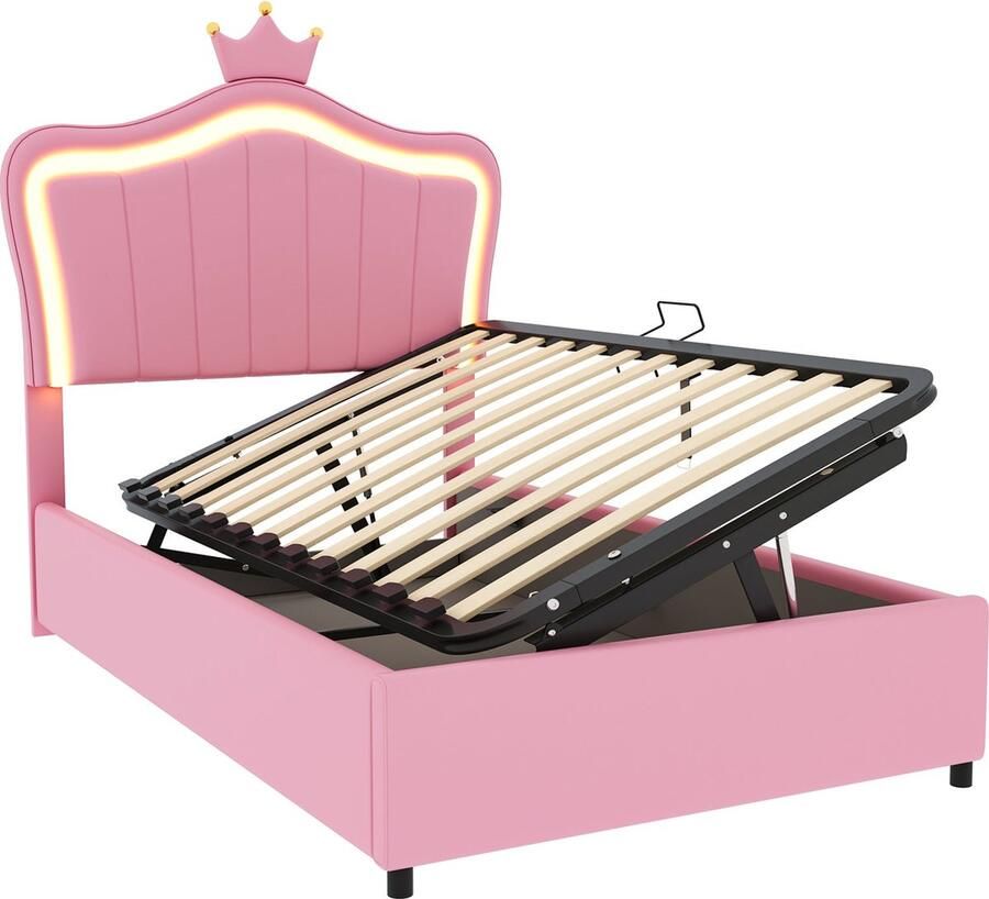 Merax Kunstleer Kinderbed 90x200 cm met Kroon op Verstelbaar Hoofdbord Inclusief LED-Verlichting Eenpersoonsbed met Hydraulische Lattenbodem voor Opbergruimte Roze